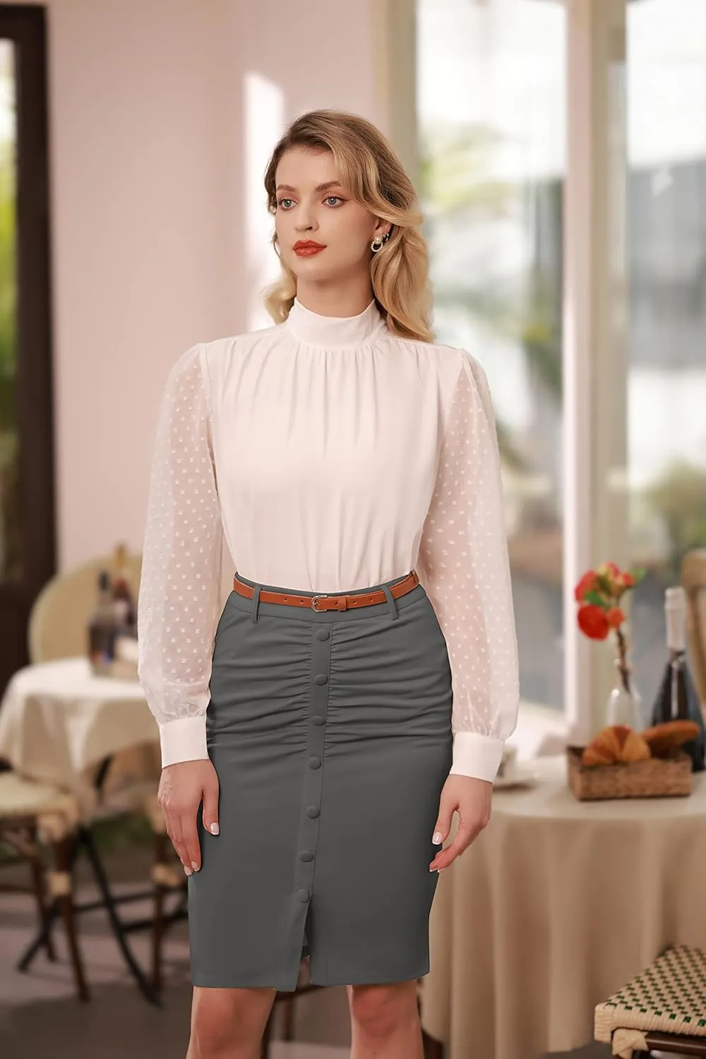 Belle Poque Women's Stretchy Pencil Skirts for Women Womens High Waist Midi Skirt Bodycon Pencil Skirts Vintage with Belt