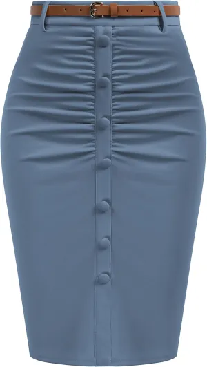 Belle Poque Women's Stretchy Pencil Skirts for Women Womens High Waist Midi Skirt Bodycon Pencil Skirts Vintage with Belt
