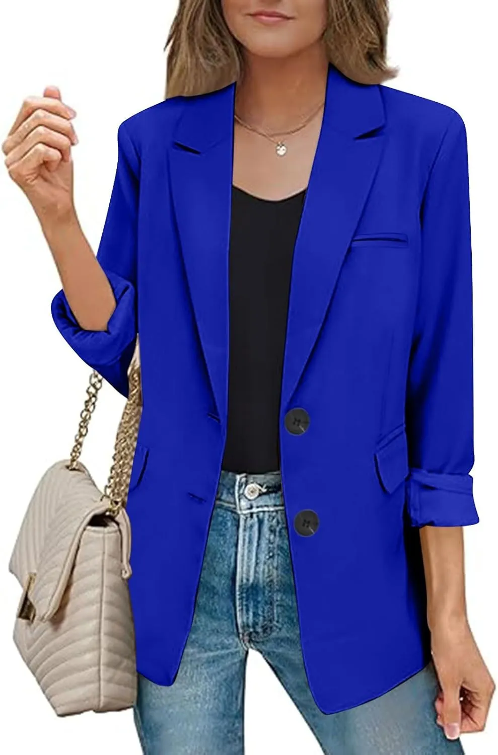 Blazers for Women Business Casual Long Sleeve Lapel Open Front Button Work Office Blazer Jackets with Pockets 2024