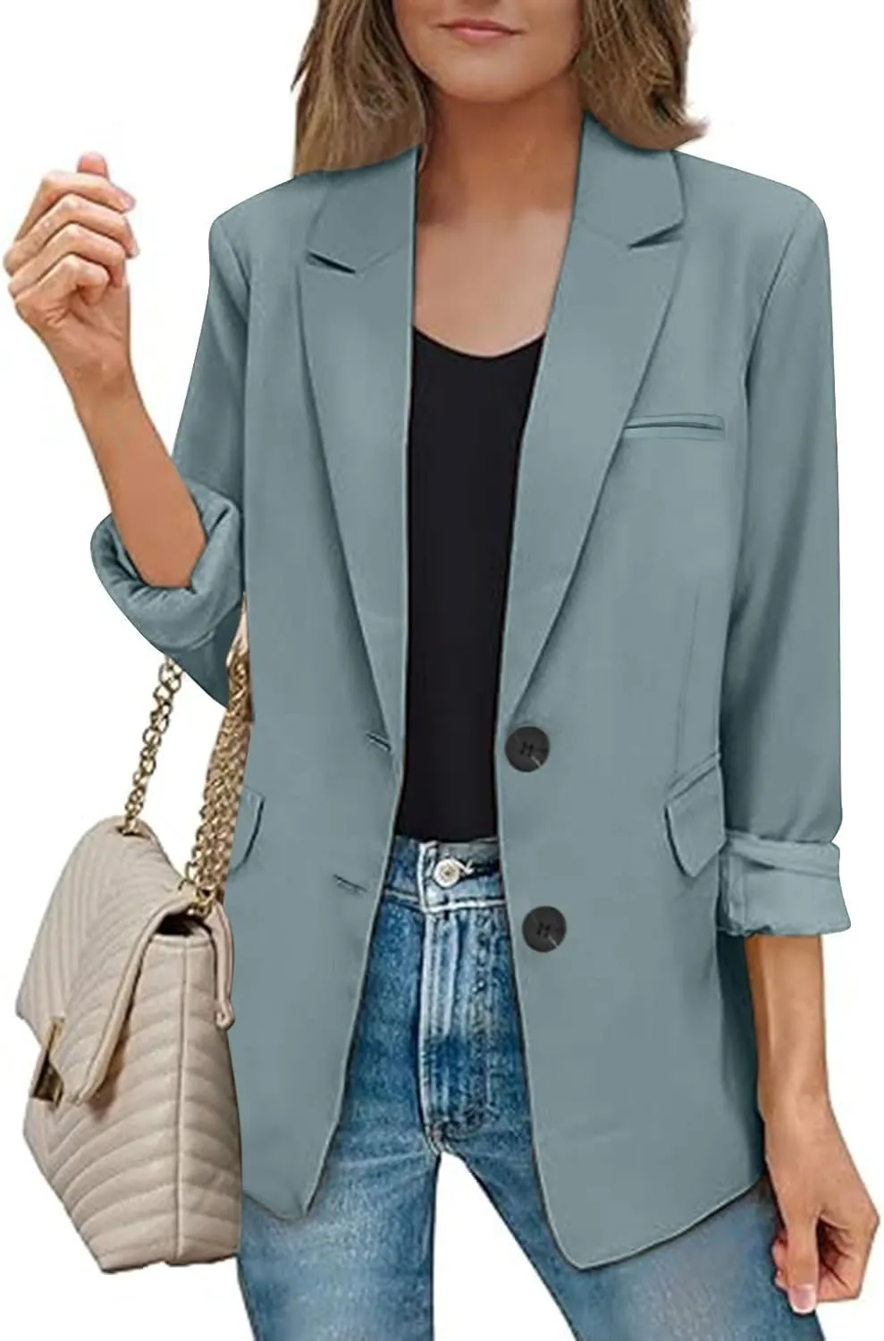 Blazers for Women Business Casual Long Sleeve Lapel Open Front Button Work Office Blazer Jackets with Pockets 2024