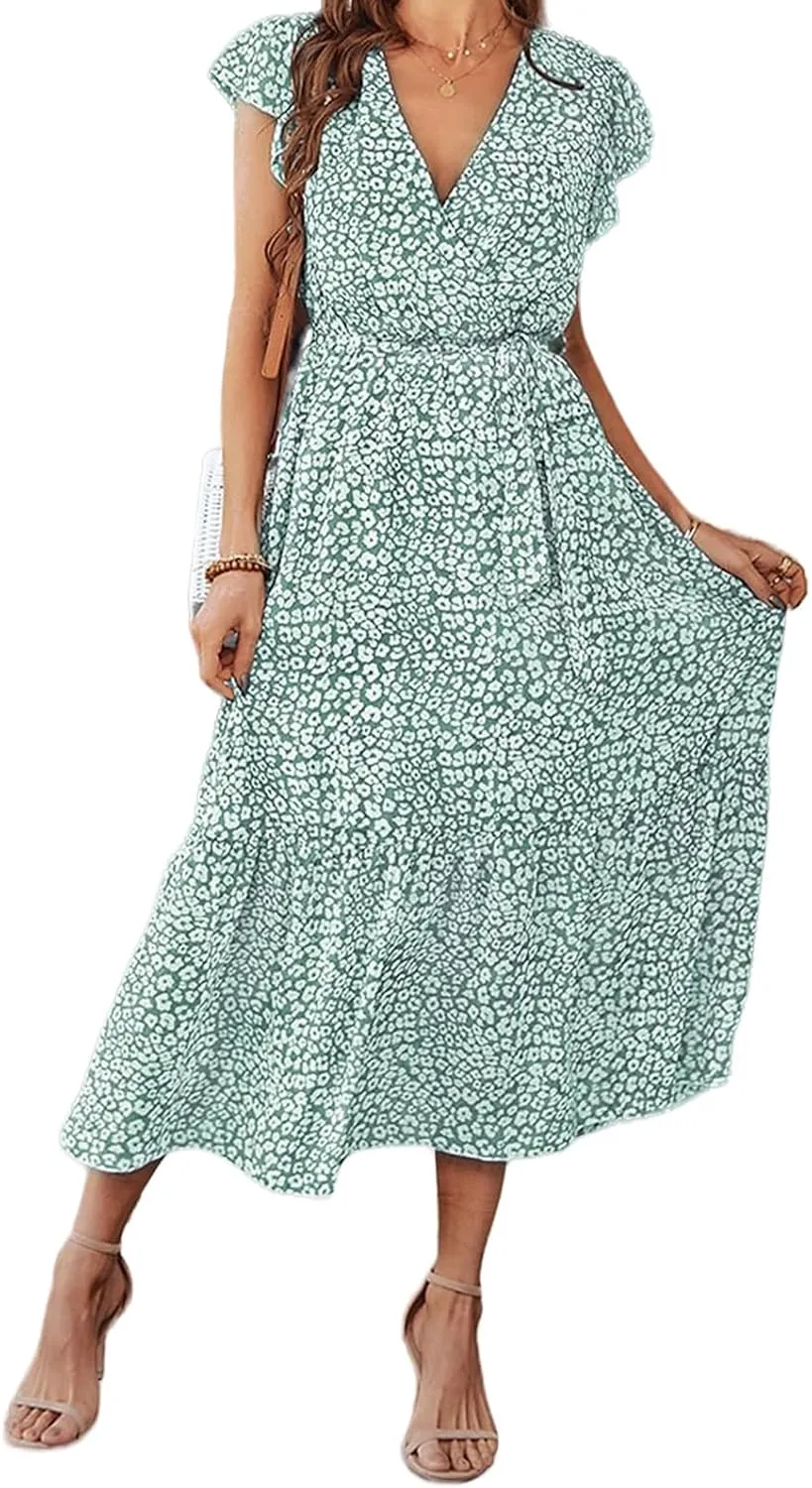 Boho Dresses for Women 2025 Summer Floral Maxi Dresses Wrap Short Sleeve Flowy Ruffle Long Dresses Swing Midi Dress