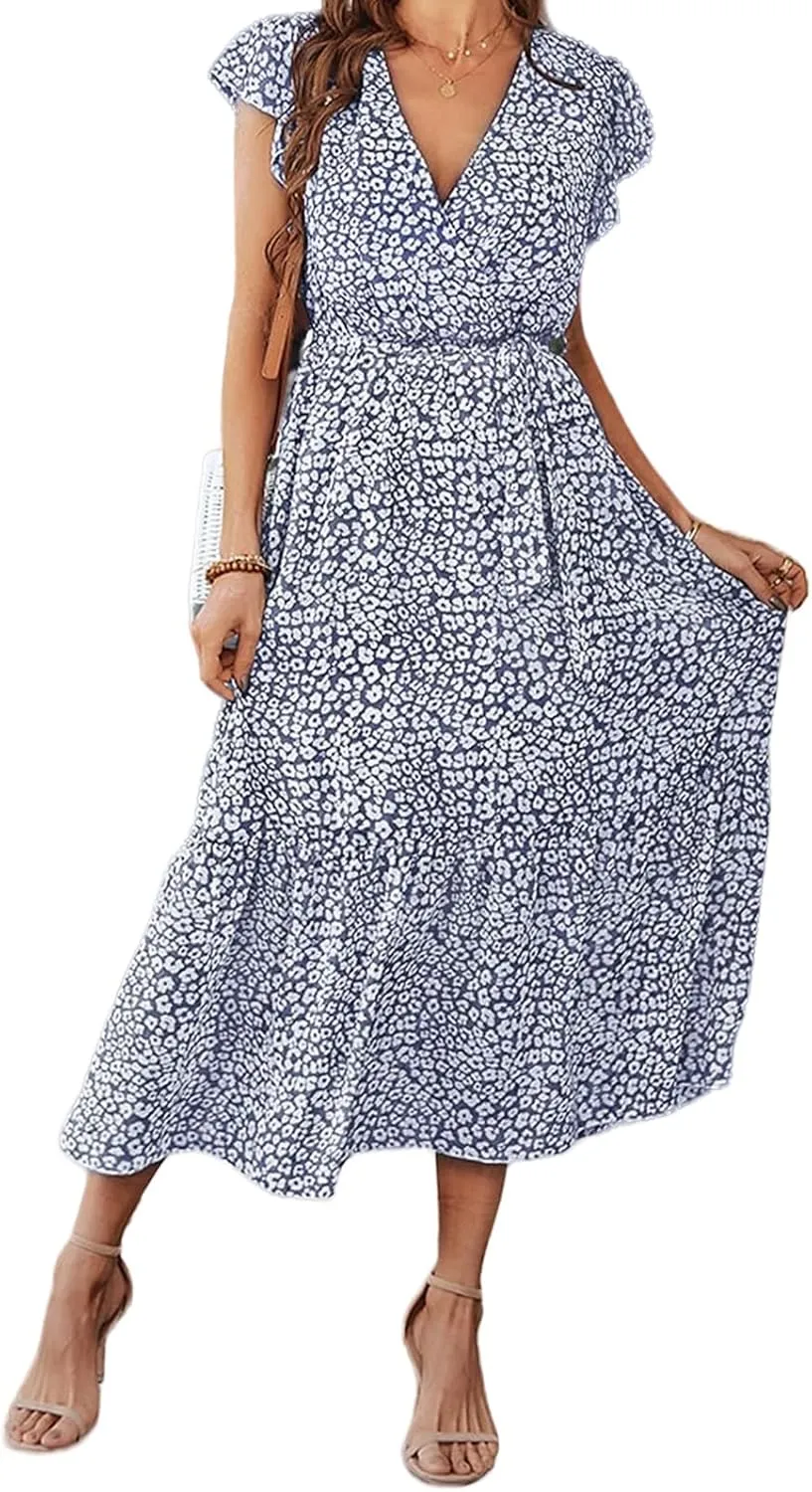 Boho Dresses for Women 2025 Summer Floral Maxi Dresses Wrap Short Sleeve Flowy Ruffle Long Dresses Swing Midi Dress