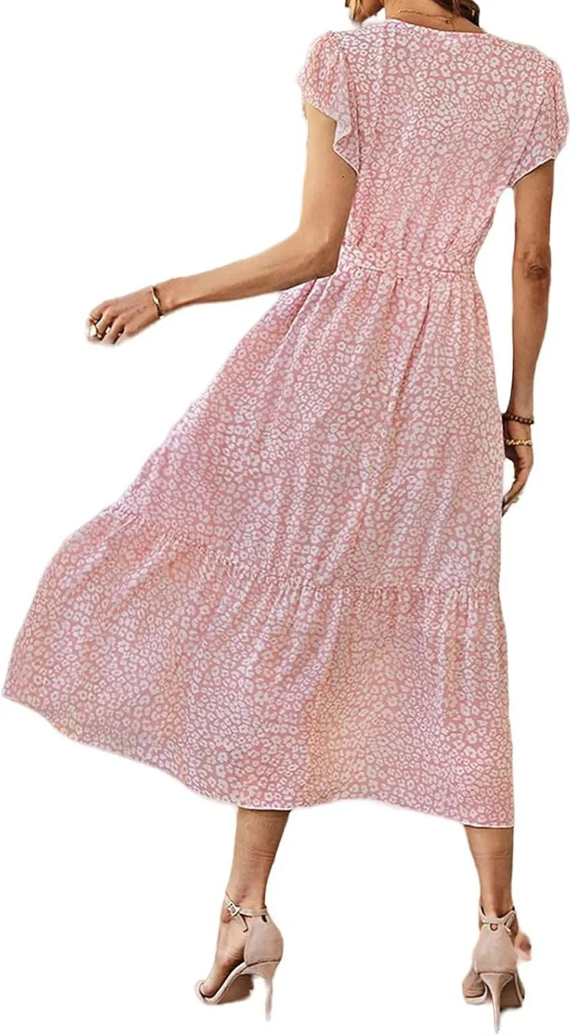 Boho Dresses for Women 2025 Summer Floral Maxi Dresses Wrap Short Sleeve Flowy Ruffle Long Dresses Swing Midi Dress