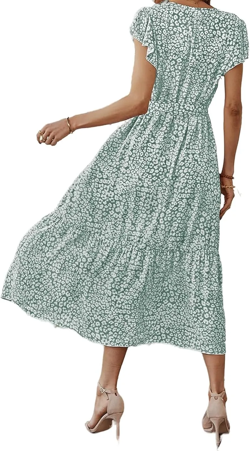 Boho Dresses for Women 2025 Summer Floral Maxi Dresses Wrap Short Sleeve Flowy Ruffle Long Dresses Swing Midi Dress