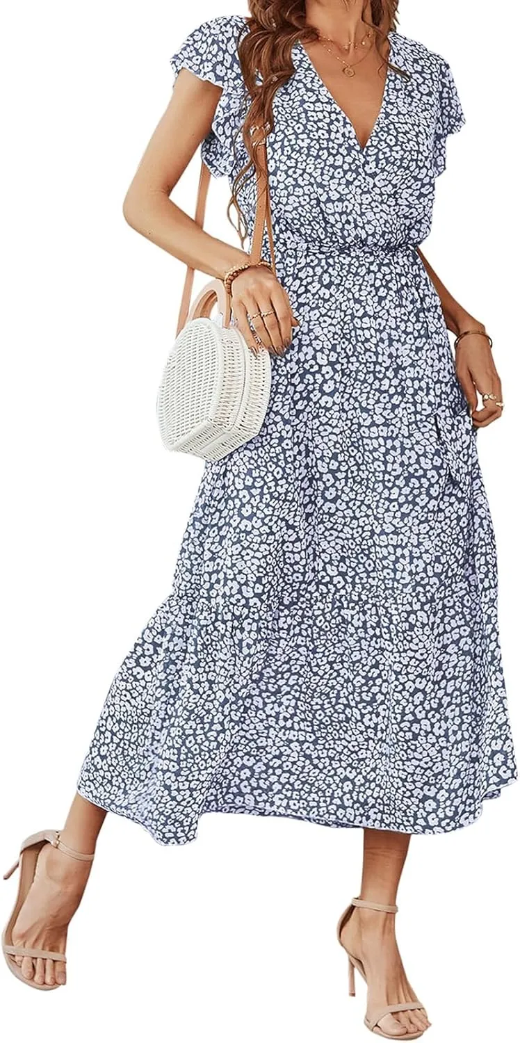 Boho Dresses for Women 2025 Summer Floral Maxi Dresses Wrap Short Sleeve Flowy Ruffle Long Dresses Swing Midi Dress