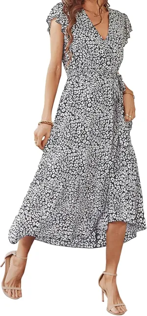 Boho Dresses for Women 2025 Summer Floral Maxi Dresses Wrap Short Sleeve Flowy Ruffle Long Dresses Swing Midi Dress