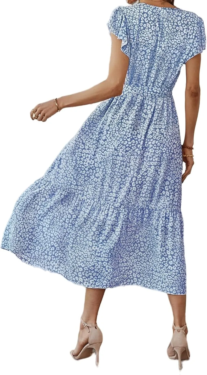 Boho Dresses for Women 2025 Summer Floral Maxi Dresses Wrap Short Sleeve Flowy Ruffle Long Dresses Swing Midi Dress