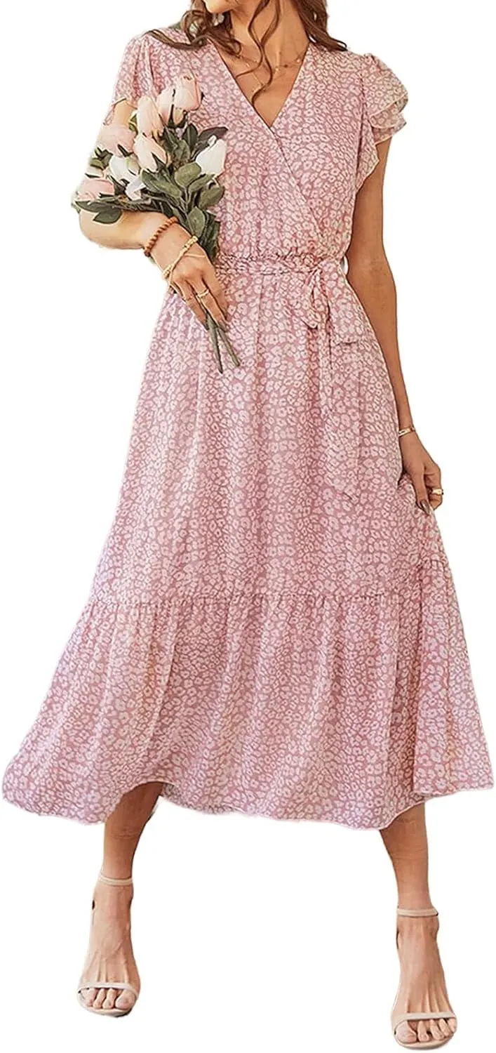Boho Dresses for Women 2025 Summer Floral Maxi Dresses Wrap Short Sleeve Flowy Ruffle Long Dresses Swing Midi Dress