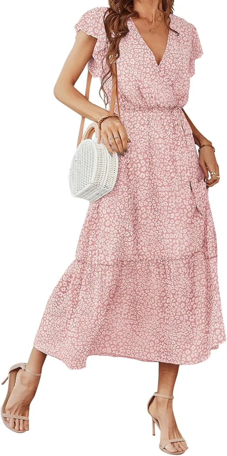 Boho Dresses for Women 2025 Summer Floral Maxi Dresses Wrap Short Sleeve Flowy Ruffle Long Dresses Swing Midi Dress