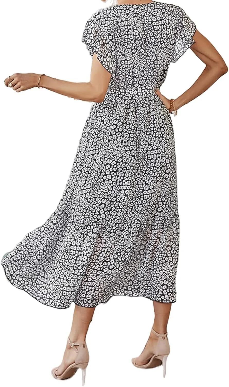 Boho Dresses for Women 2025 Summer Floral Maxi Dresses Wrap Short Sleeve Flowy Ruffle Long Dresses Swing Midi Dress