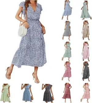 Boho Dresses for Women 2025 Summer Floral Maxi Dresses Wrap Short Sleeve Flowy Ruffle Long Dresses Swing Midi Dress