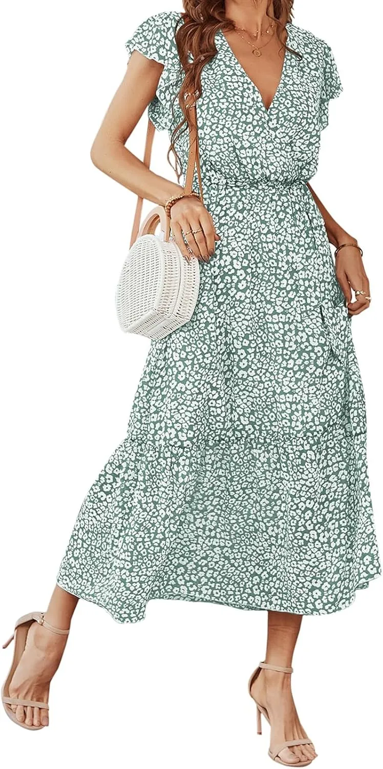 Boho Dresses for Women 2025 Summer Floral Maxi Dresses Wrap Short Sleeve Flowy Ruffle Long Dresses Swing Midi Dress