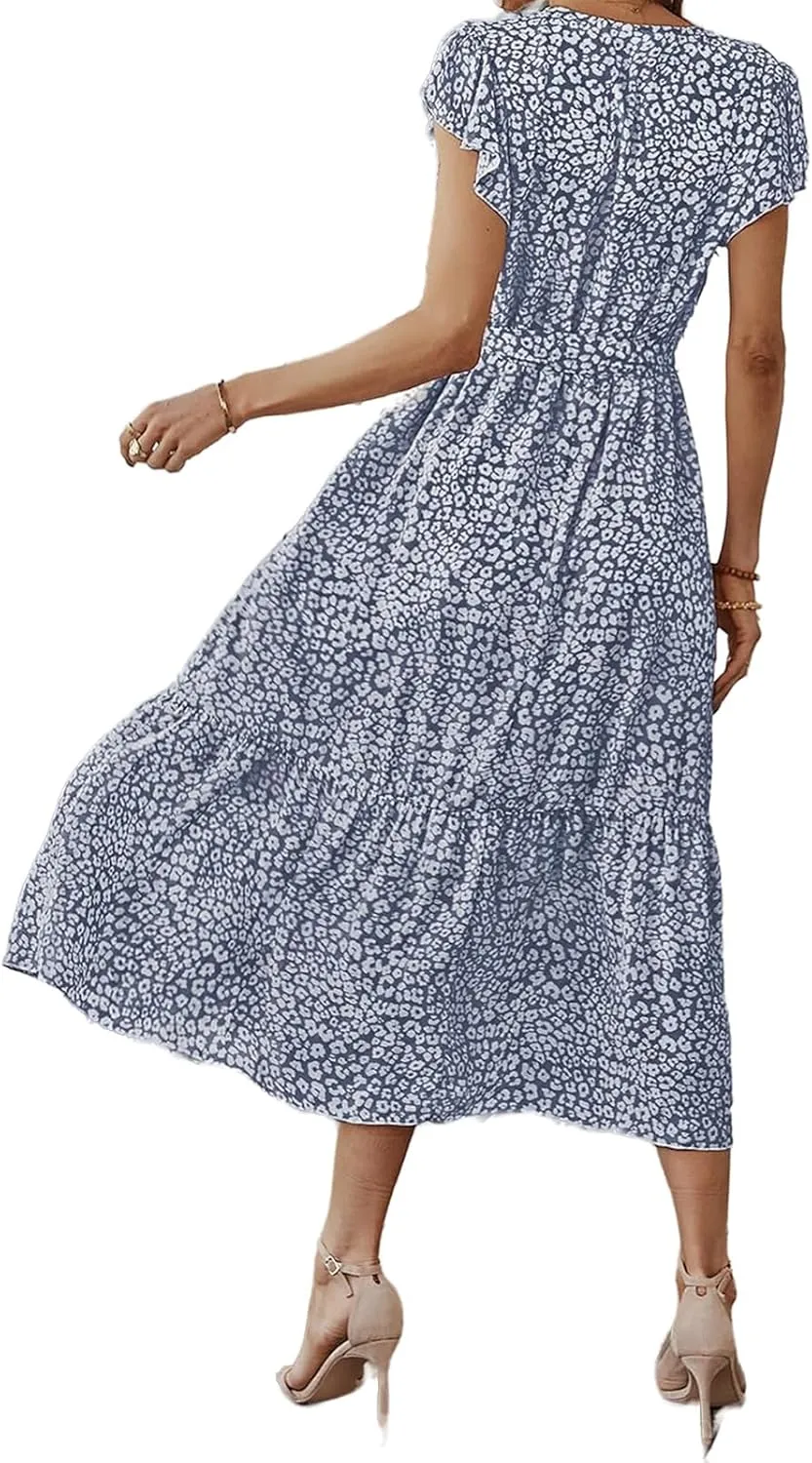 Boho Dresses for Women 2025 Summer Floral Maxi Dresses Wrap Short Sleeve Flowy Ruffle Long Dresses Swing Midi Dress