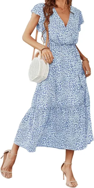 Boho Dresses for Women 2025 Summer Floral Maxi Dresses Wrap Short Sleeve Flowy Ruffle Long Dresses Swing Midi Dress