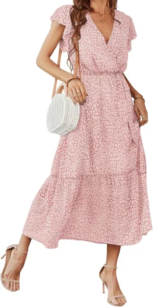 Boho Dresses for Women 2025 Summer Floral Maxi Dresses Wrap Short Sleeve Flowy Ruffle Long Dresses Swing Midi Dress