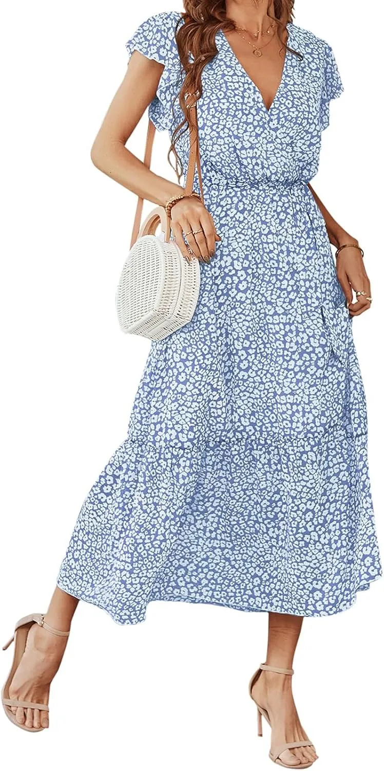 Boho Dresses for Women 2025 Summer Floral Maxi Dresses Wrap Short Sleeve Flowy Ruffle Long Dresses Swing Midi Dress