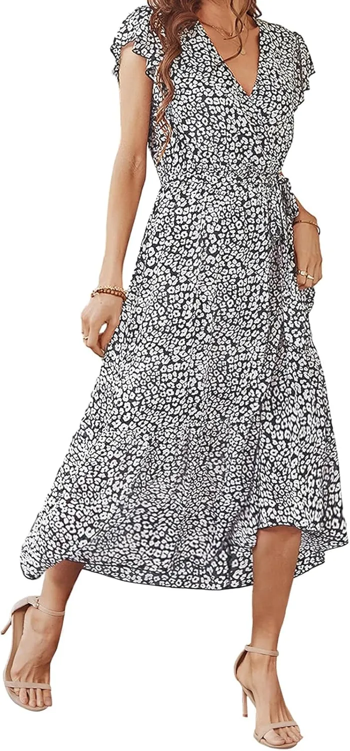 Boho Dresses for Women 2025 Summer Floral Maxi Dresses Wrap Short Sleeve Flowy Ruffle Long Dresses Swing Midi Dress