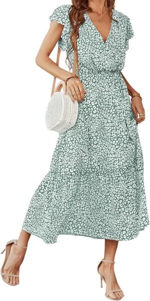 Boho Dresses for Women 2025 Summer Floral Maxi Dresses Wrap Short Sleeve Flowy Ruffle Long Dresses Swing Midi Dress