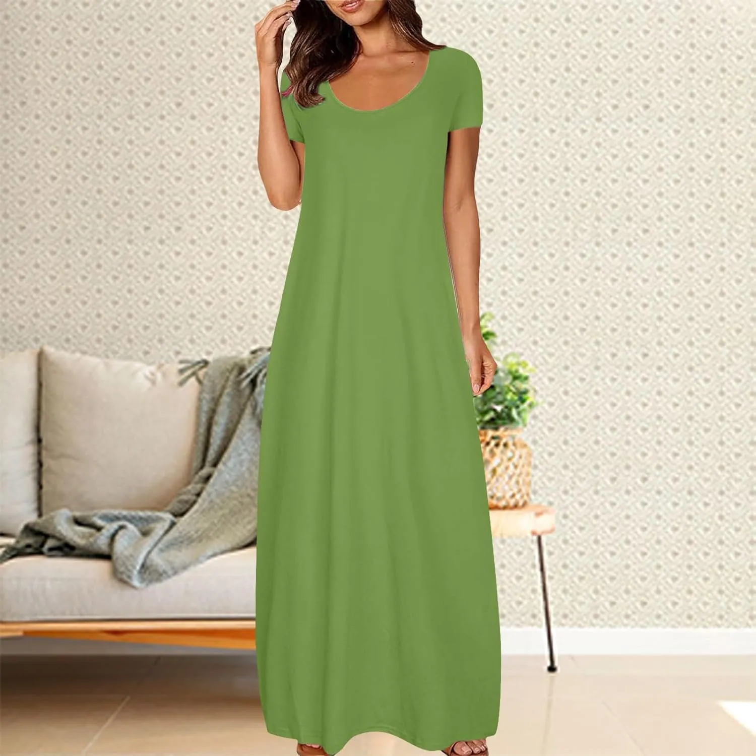 Boho Dresses for Women 2025 Summer Maxi Y2k Solid Color Long Dress Short Sleeve V Neck Flowy Beach Sundress