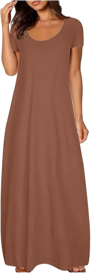 Boho Dresses for Women 2025 Summer Maxi Y2k Solid Color Long Dress Short Sleeve V Neck Flowy Beach Sundress