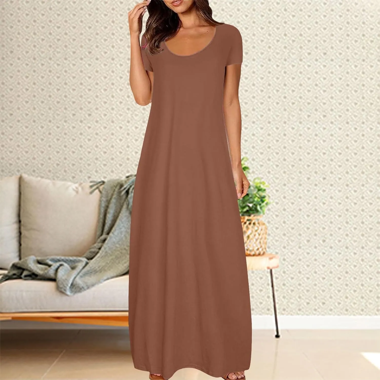 Boho Dresses for Women 2025 Summer Maxi Y2k Solid Color Long Dress Short Sleeve V Neck Flowy Beach Sundress