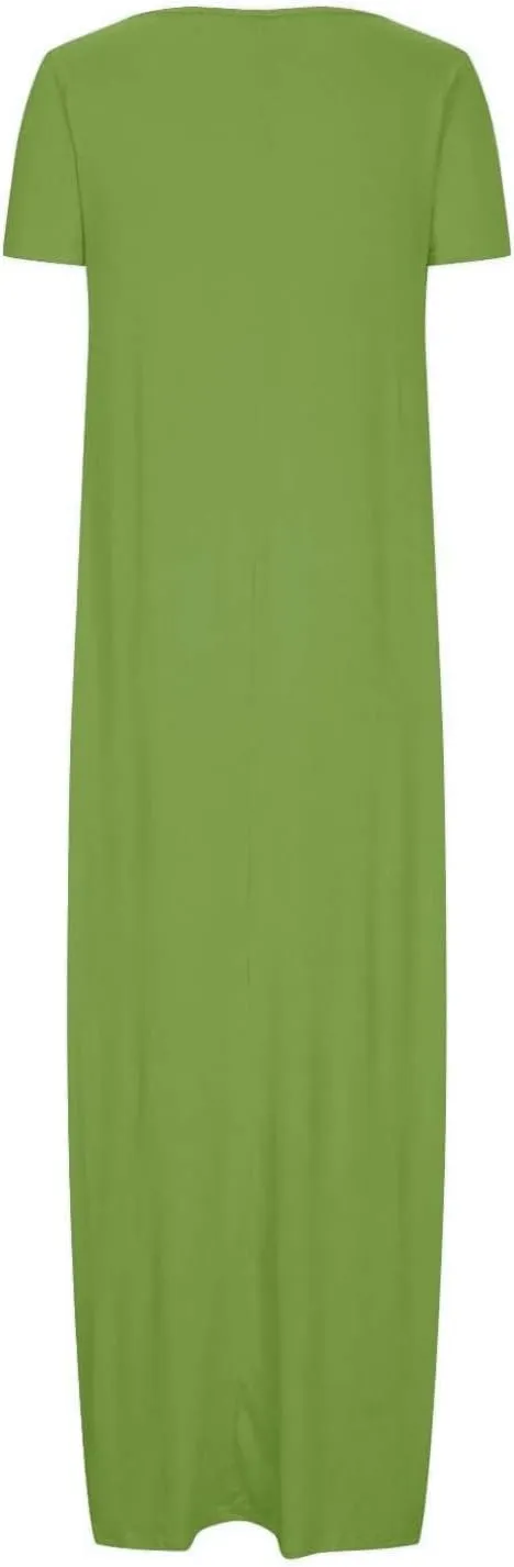 Boho Dresses for Women 2025 Summer Maxi Y2k Solid Color Long Dress Short Sleeve V Neck Flowy Beach Sundress