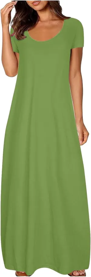 Boho Dresses for Women 2025 Summer Maxi Y2k Solid Color Long Dress Short Sleeve V Neck Flowy Beach Sundress