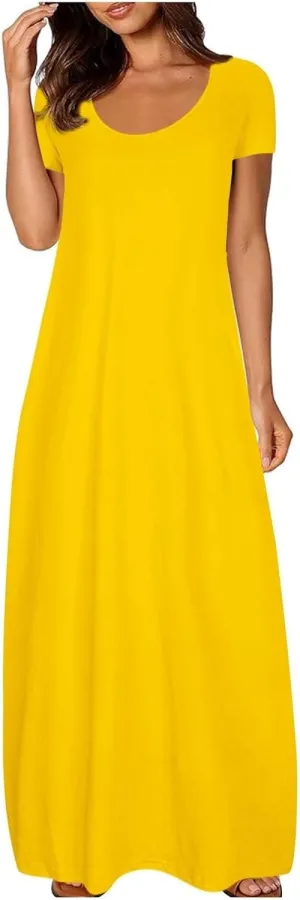 Boho Dresses for Women 2025 Summer Maxi Y2k Solid Color Long Dress Short Sleeve V Neck Flowy Beach Sundress