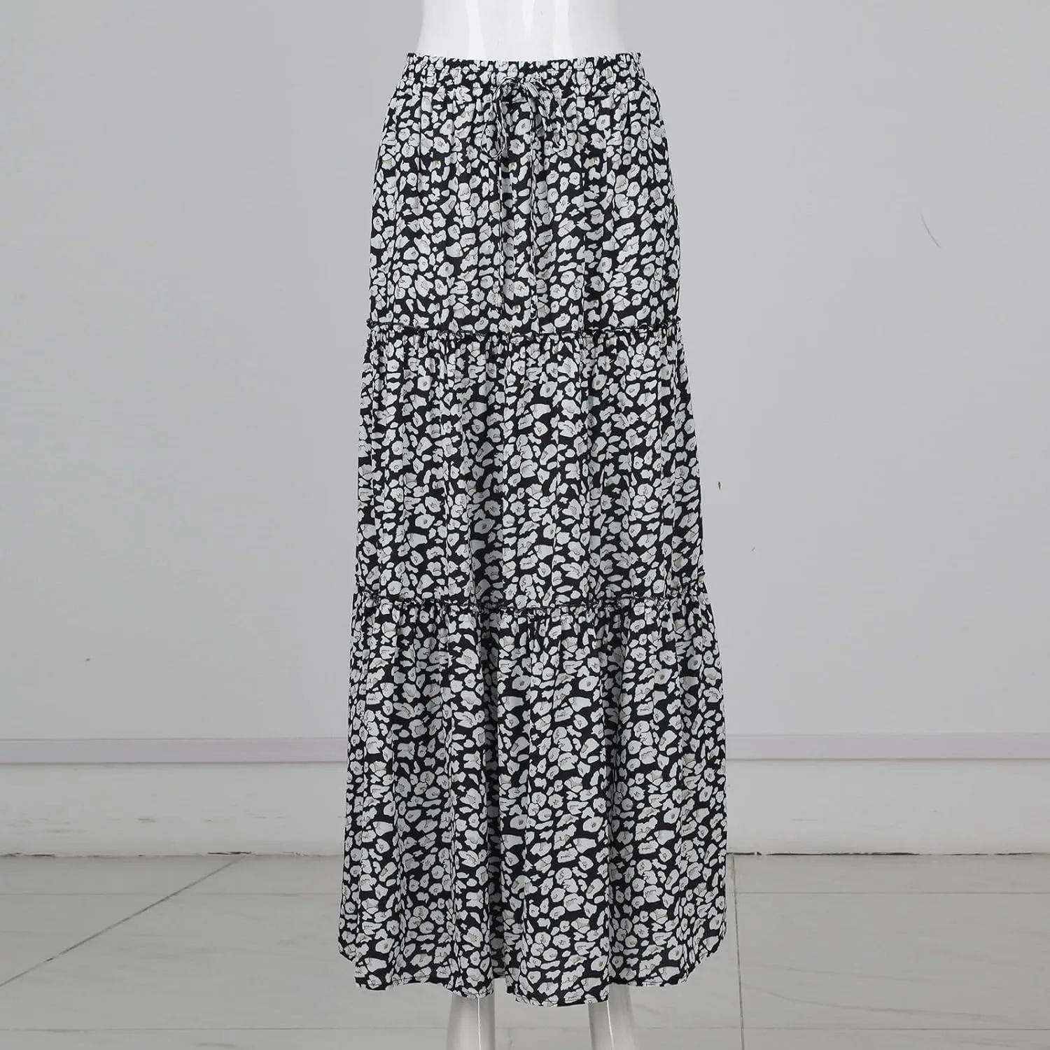 Boho Womens Tiered High Waist Tie Paisley Floral Print Long Maxi Skirt with Pockets