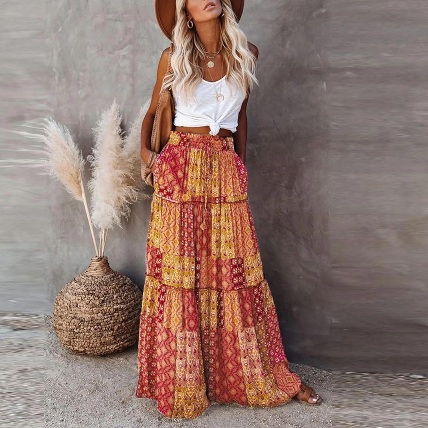 Boho Womens Tiered High Waist Tie Paisley Floral Print Long Maxi Skirt with Pockets