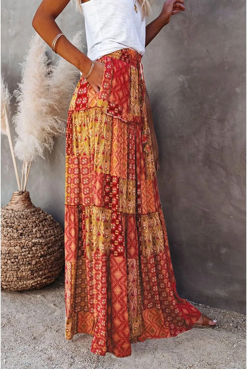 Boho Womens Tiered High Waist Tie Paisley Floral Print Long Maxi Skirt with Pockets