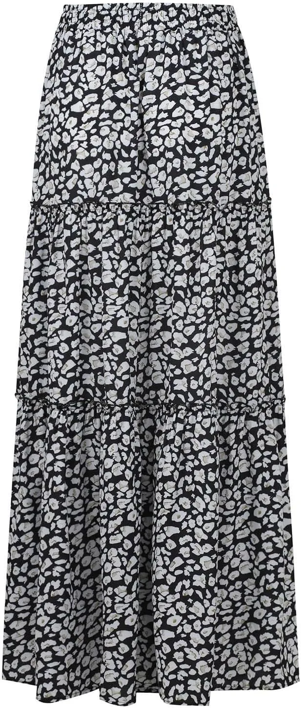 Boho Womens Tiered High Waist Tie Paisley Floral Print Long Maxi Skirt with Pockets