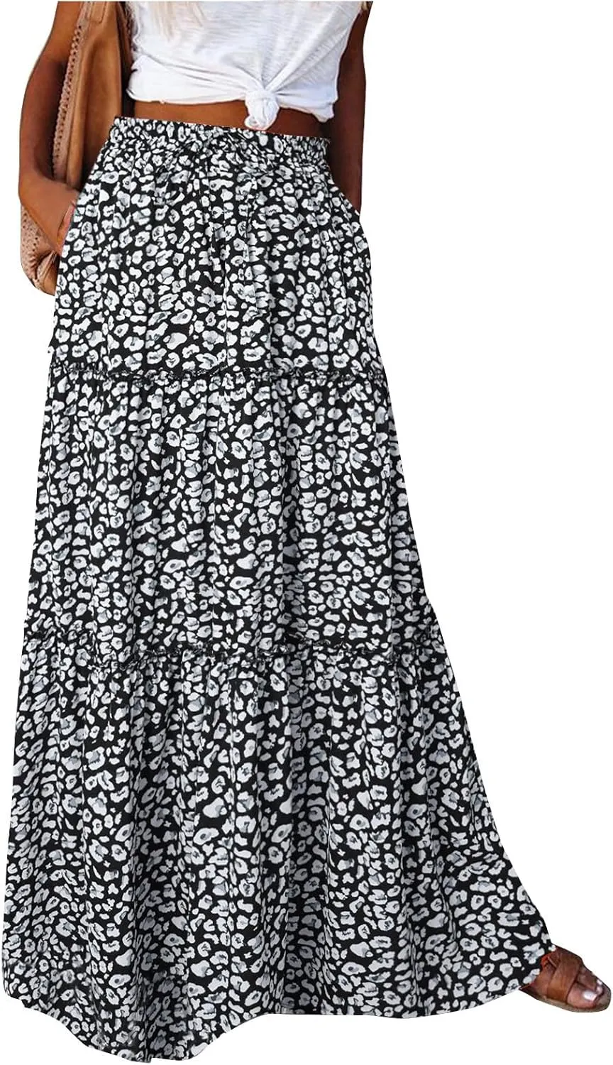 Boho Womens Tiered High Waist Tie Paisley Floral Print Long Maxi Skirt with Pockets