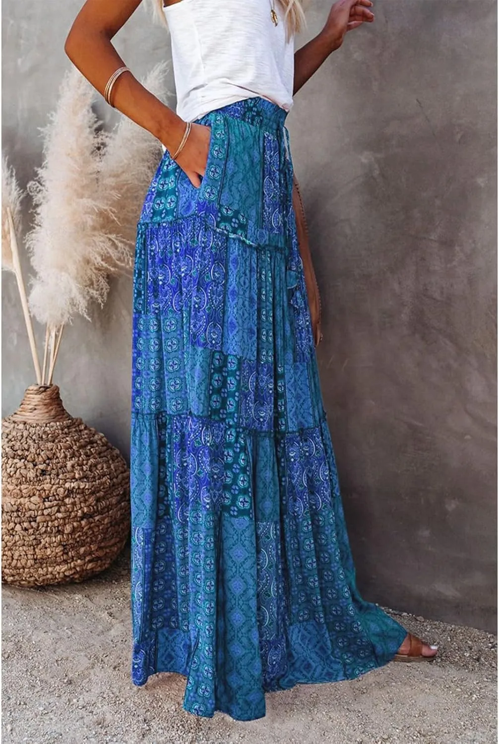 Boho Womens Tiered High Waist Tie Paisley Floral Print Long Maxi Skirt with Pockets