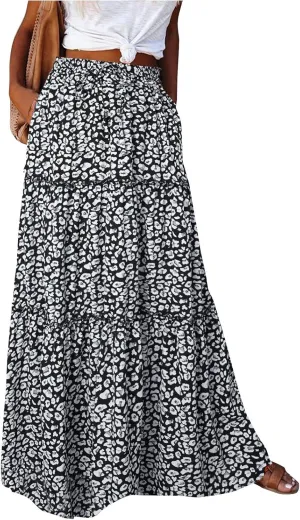 Boho Womens Tiered High Waist Tie Paisley Floral Print Long Maxi Skirt with Pockets