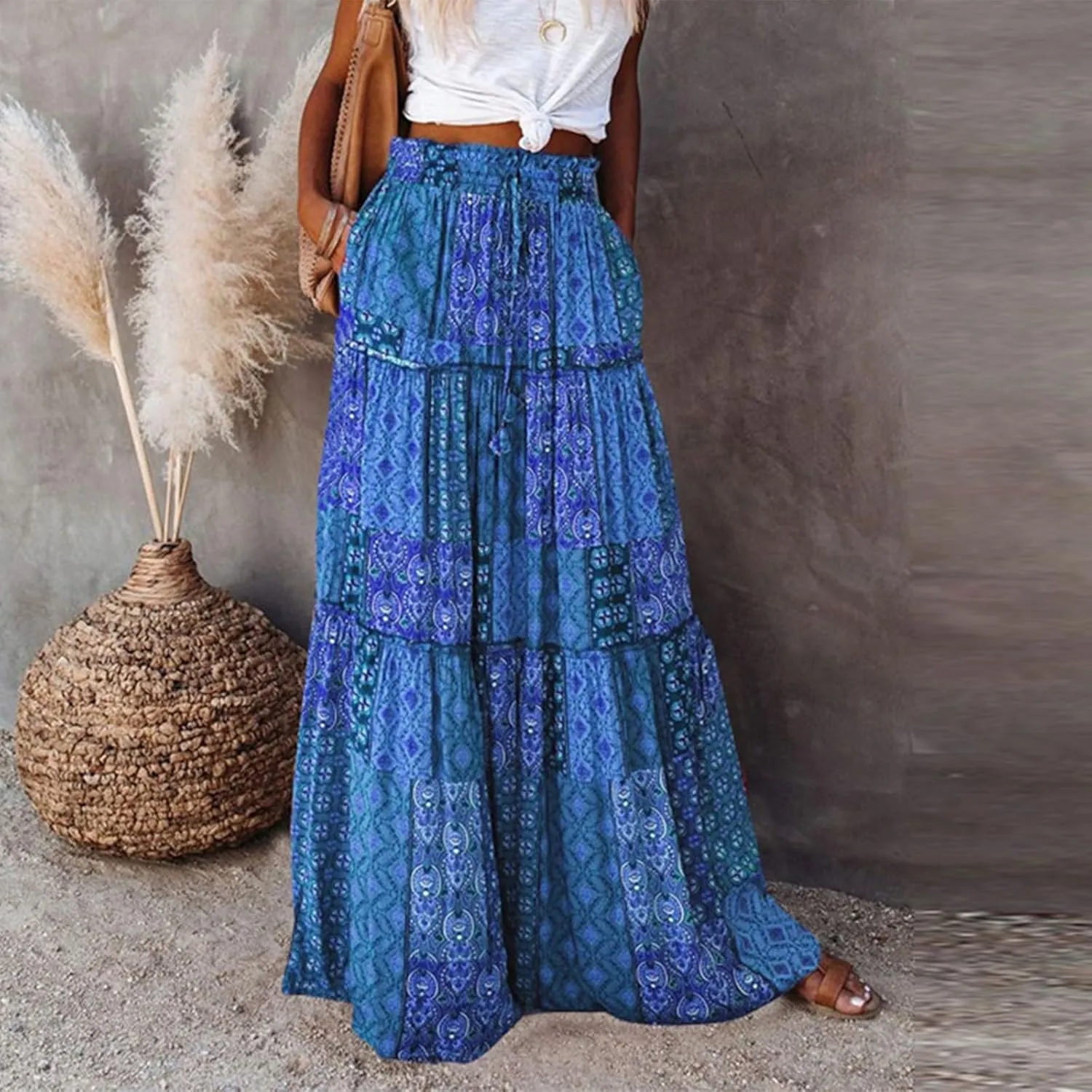 Boho Womens Tiered High Waist Tie Paisley Floral Print Long Maxi Skirt with Pockets