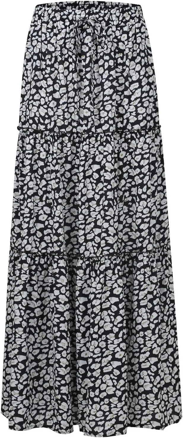 Boho Womens Tiered High Waist Tie Paisley Floral Print Long Maxi Skirt with Pockets