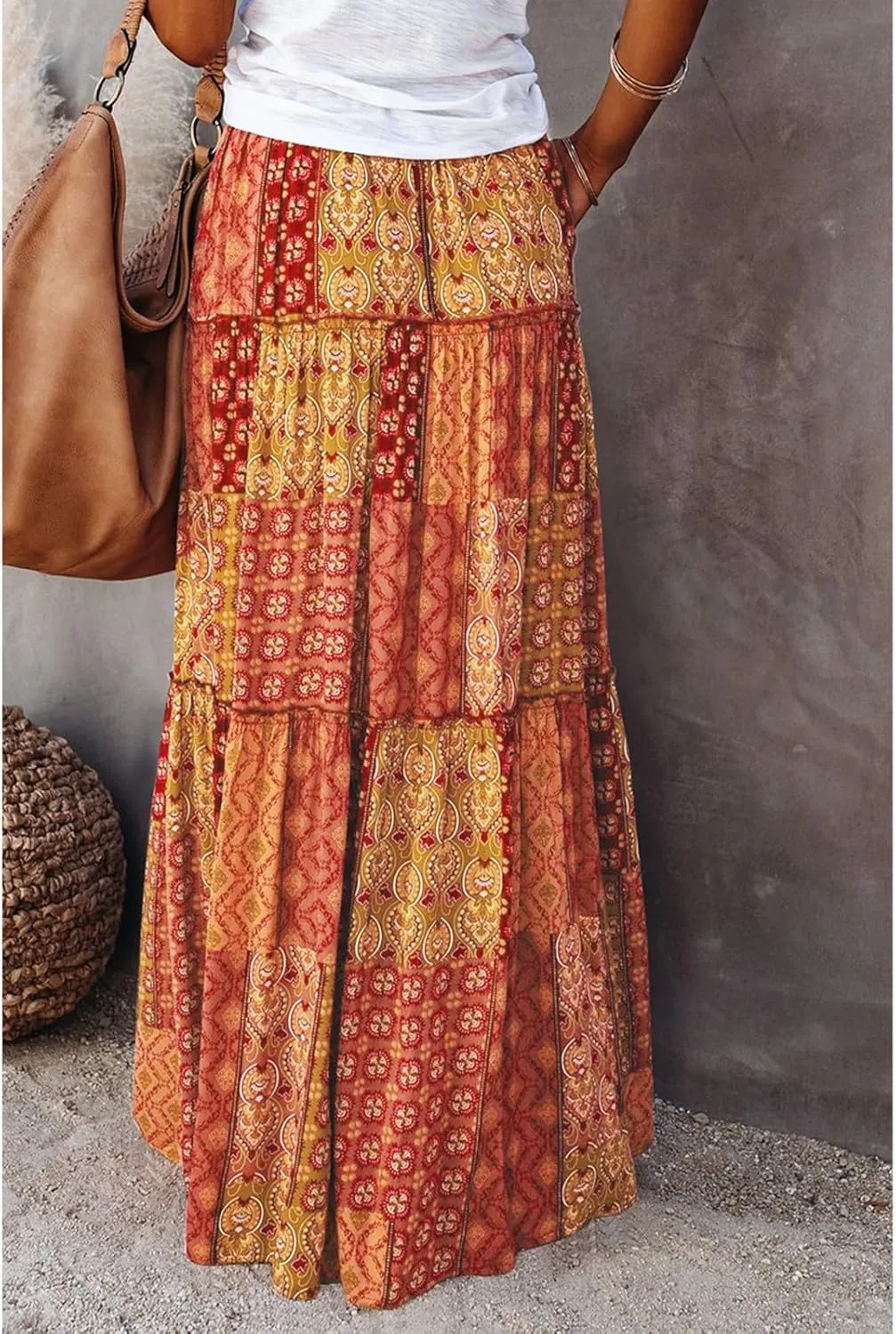 Boho Womens Tiered High Waist Tie Paisley Floral Print Long Maxi Skirt with Pockets