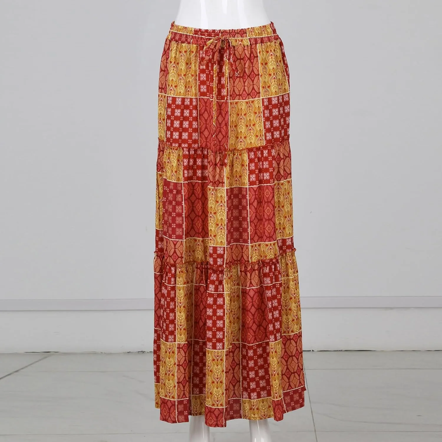 Boho Womens Tiered High Waist Tie Paisley Floral Print Long Maxi Skirt with Pockets