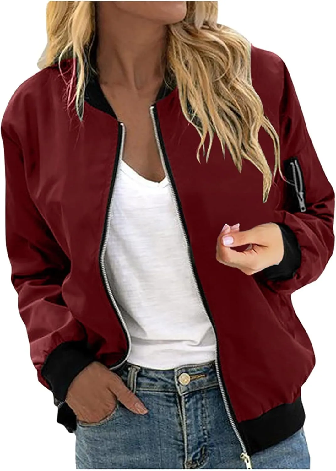 Bomber Jackets for Women Casual Coats Fall Zip Up Jacket Long Sleeve Tops Lightweight Open Front Cardigan