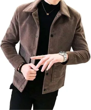 British Style Autumn Winter Windbreaker Pocket Outwear Men Wool Trench Coat Solid Color Lattice Casual Jacket