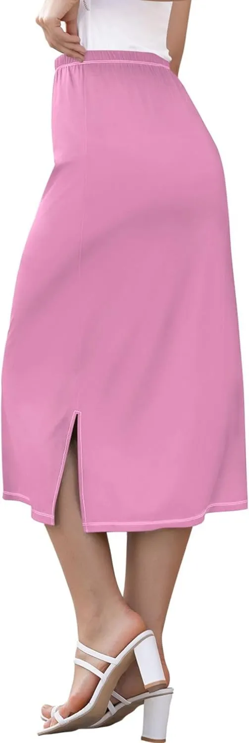 Bronze Side Slit Midi Skirt Women Cute Pencil Skirts Elastic Waist Ladies Skirts