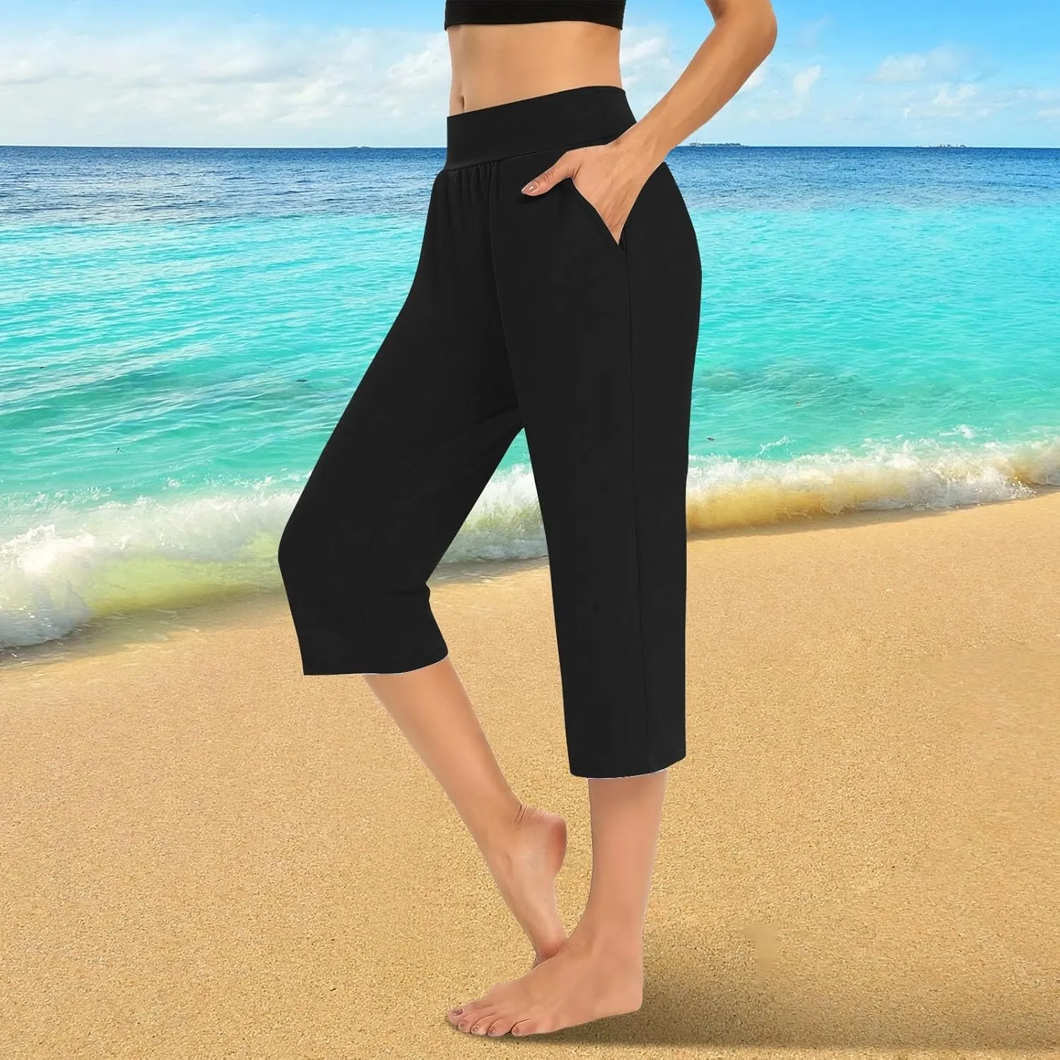 Capris for Women Casual Summer Wide Leg Crop Pants Loose Comfy Drawstring Yoga Jogger Capri Pants with Pockets