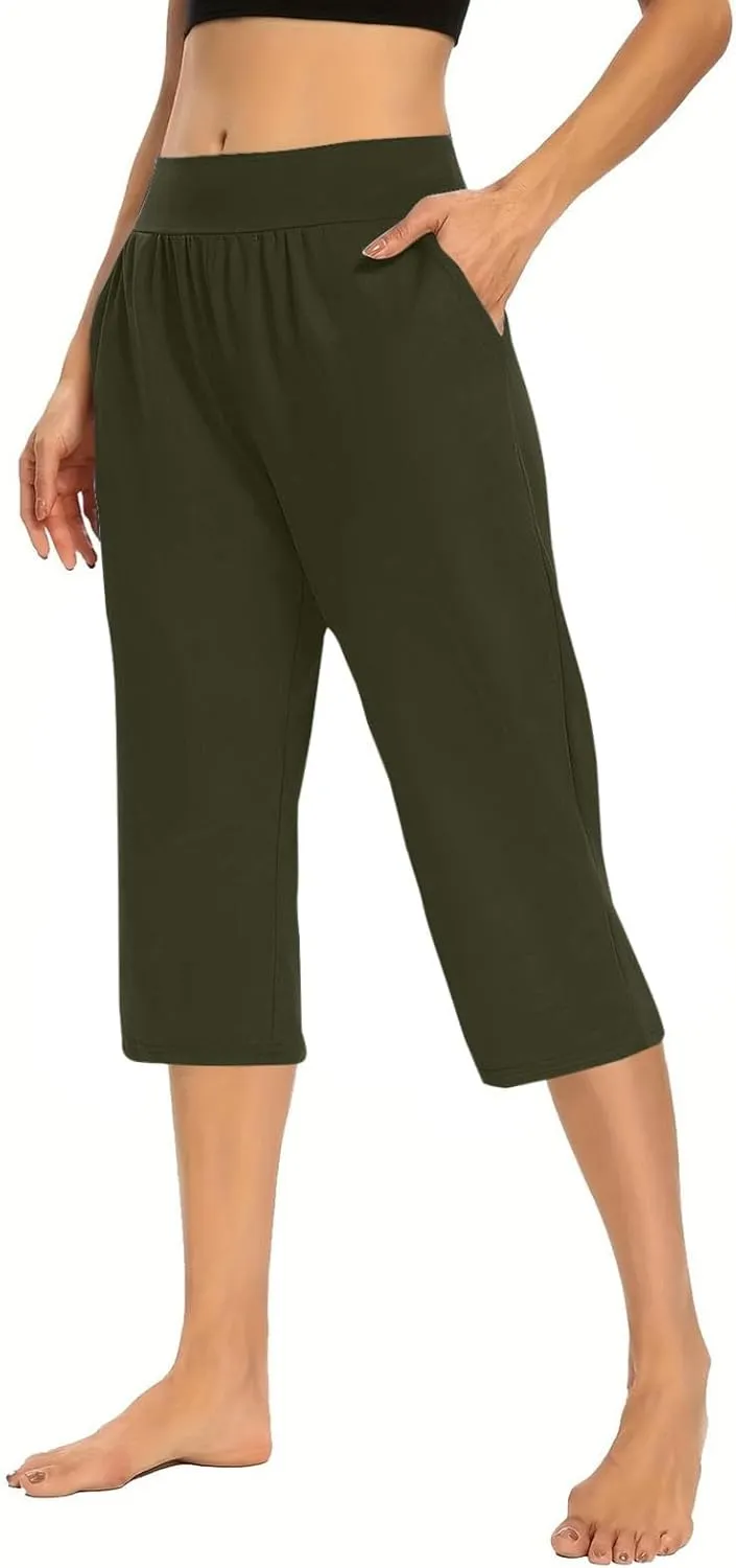 Capris for Women Casual Summer Wide Leg Crop Pants Loose Comfy Drawstring Yoga Jogger Capri Pants with Pockets