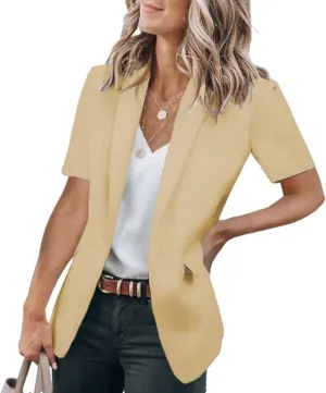 Casual Blazer for Women Trendy Short Sleeve Lapel One Button Jacket Blazers Summer Dressy Office Jackets with Pocket