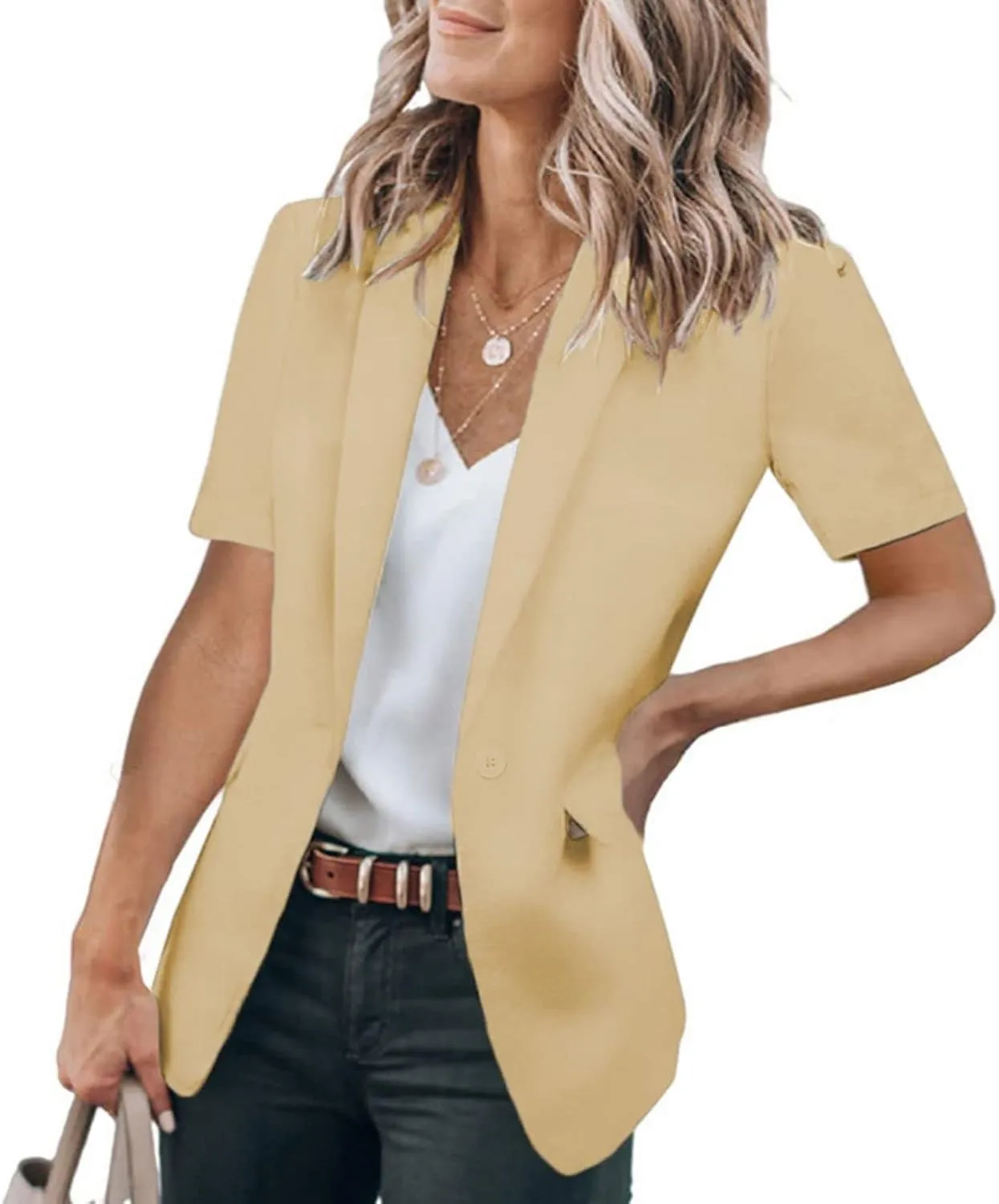 Casual Blazer for Women Trendy Short Sleeve Lapel One Button Jacket Blazers Summer Dressy Office Jackets with Pocket
