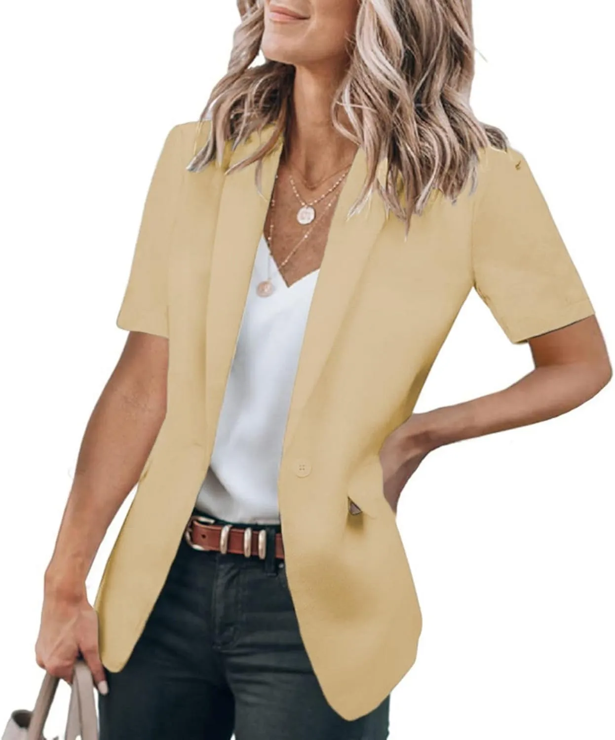 Casual Blazer for Women Trendy Short Sleeve Lapel One Button Jacket Blazers Summer Dressy Office Jackets with Pocket