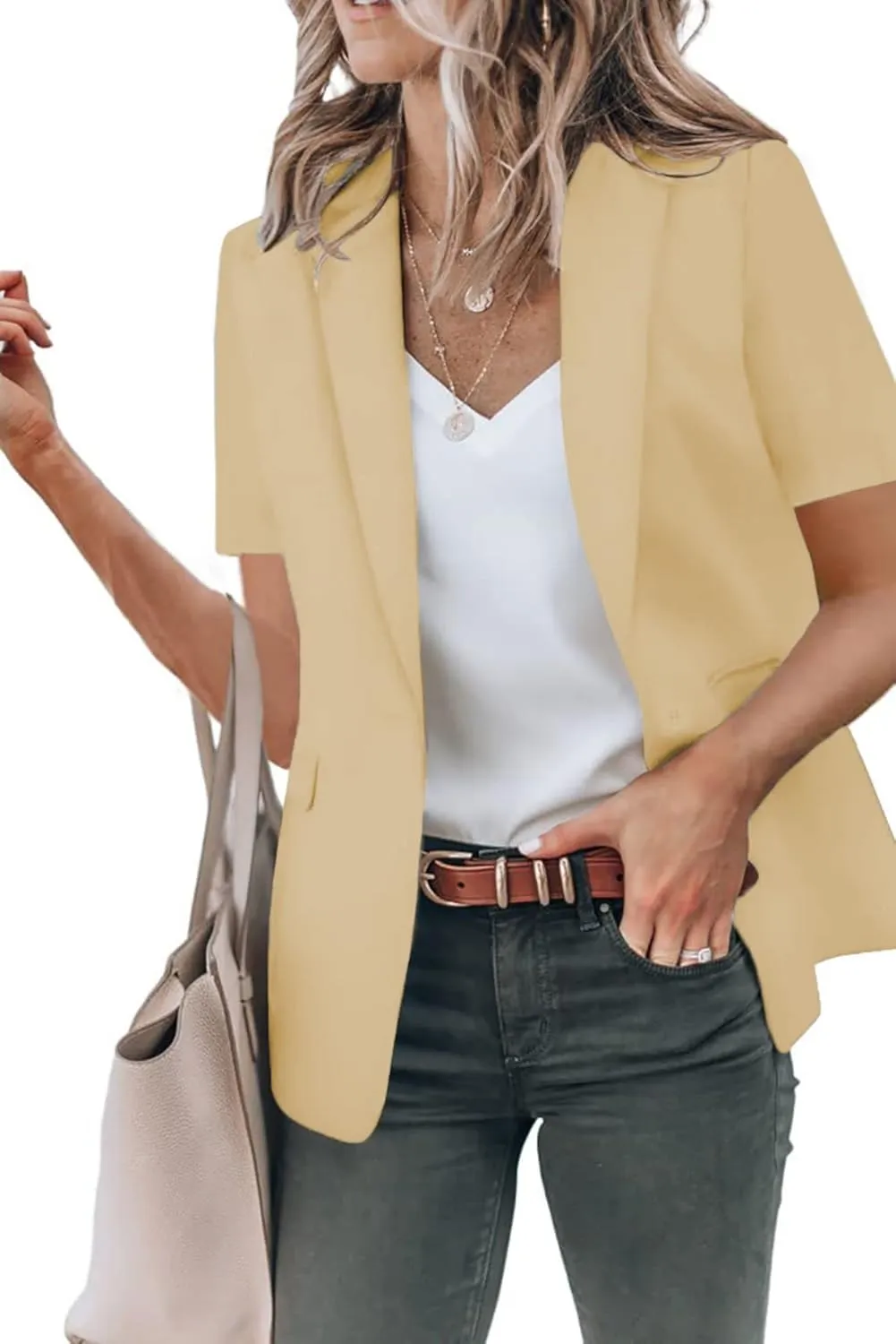 Casual Blazer for Women Trendy Short Sleeve Lapel One Button Jacket Blazers Summer Dressy Office Jackets with Pocket