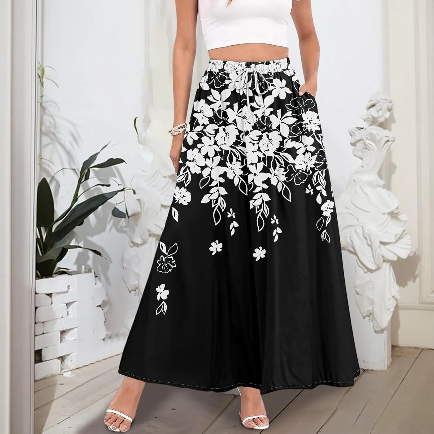 Casual Maxi Skirt for Women Summer Drawstring Elastic High Waisted A-Line Skirts Swing Ruffle Long Beach with Pockets