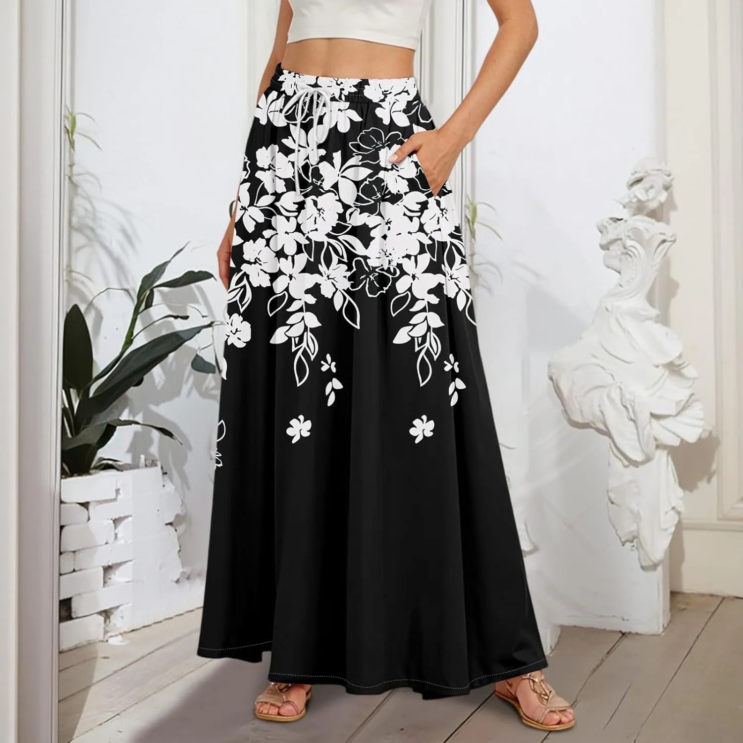 Casual Maxi Skirt for Women Summer Drawstring Elastic High Waisted A-Line Skirts Swing Ruffle Long Beach with Pockets